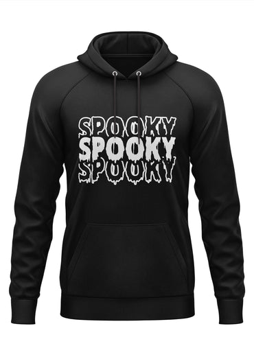 Schwarzer hoodie mit weißem spooky schriftzug in tropfender gothic schrift für horror fans