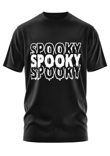 Schwarzes kurzärmeliges gothic t-shirt spooky shirt mit weißem horror-text in tropfender schrift auf der brust