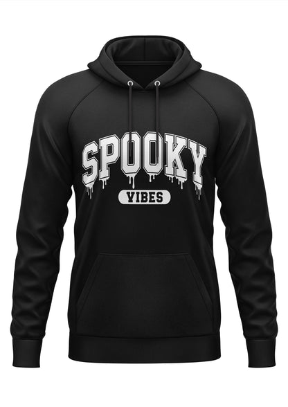 Schwarzes Gothic-Hoodie mit tropfenden weißen Spooky Vibes-Aufdruck