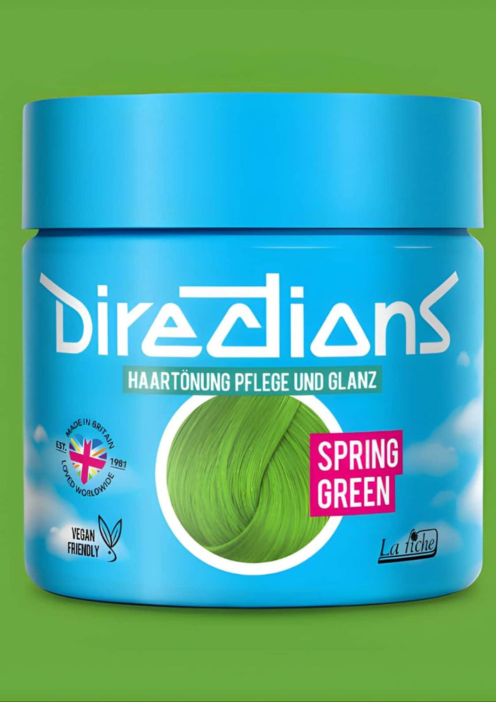 Vibrante blaue zylindrische directions spring green haartönung 100ml mit passendem deckel und weißem branding für semi-permanente haarfarbe
