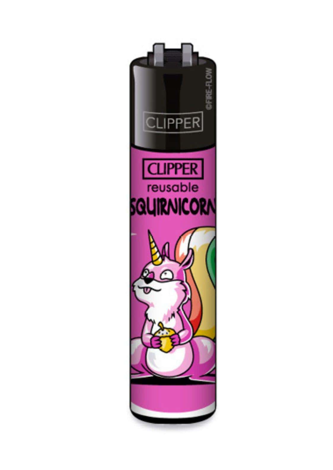 Squirnicorn clipper feuerzeug nachfüllbar pink schwarz mit unicorn eichhörnchen und gleichmäßiger flamme