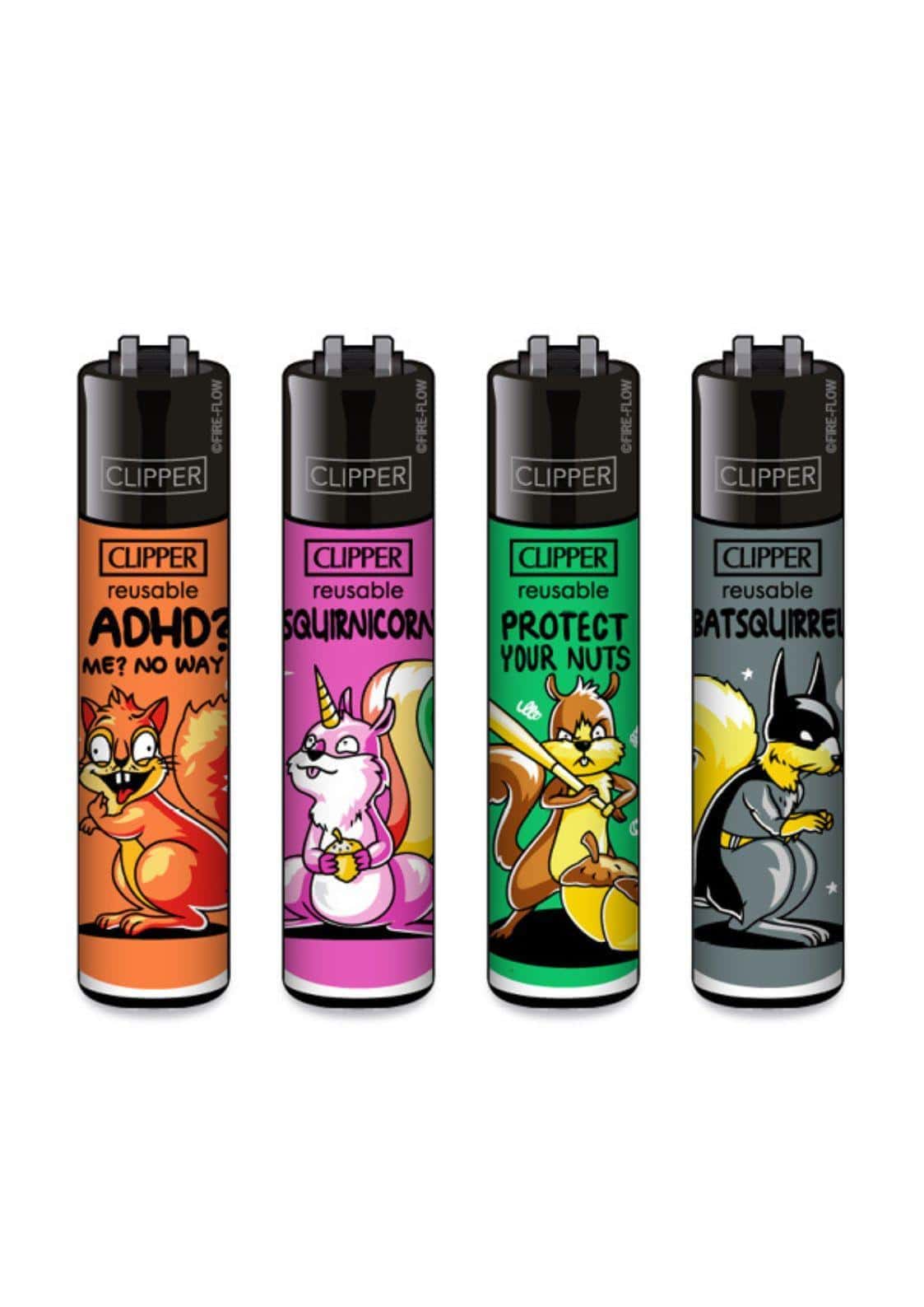 Vier bunte clipper feuerzeuge im squirrels clipper feuerzeug set mit einzigartigen cartoon eichhörnchen motiven