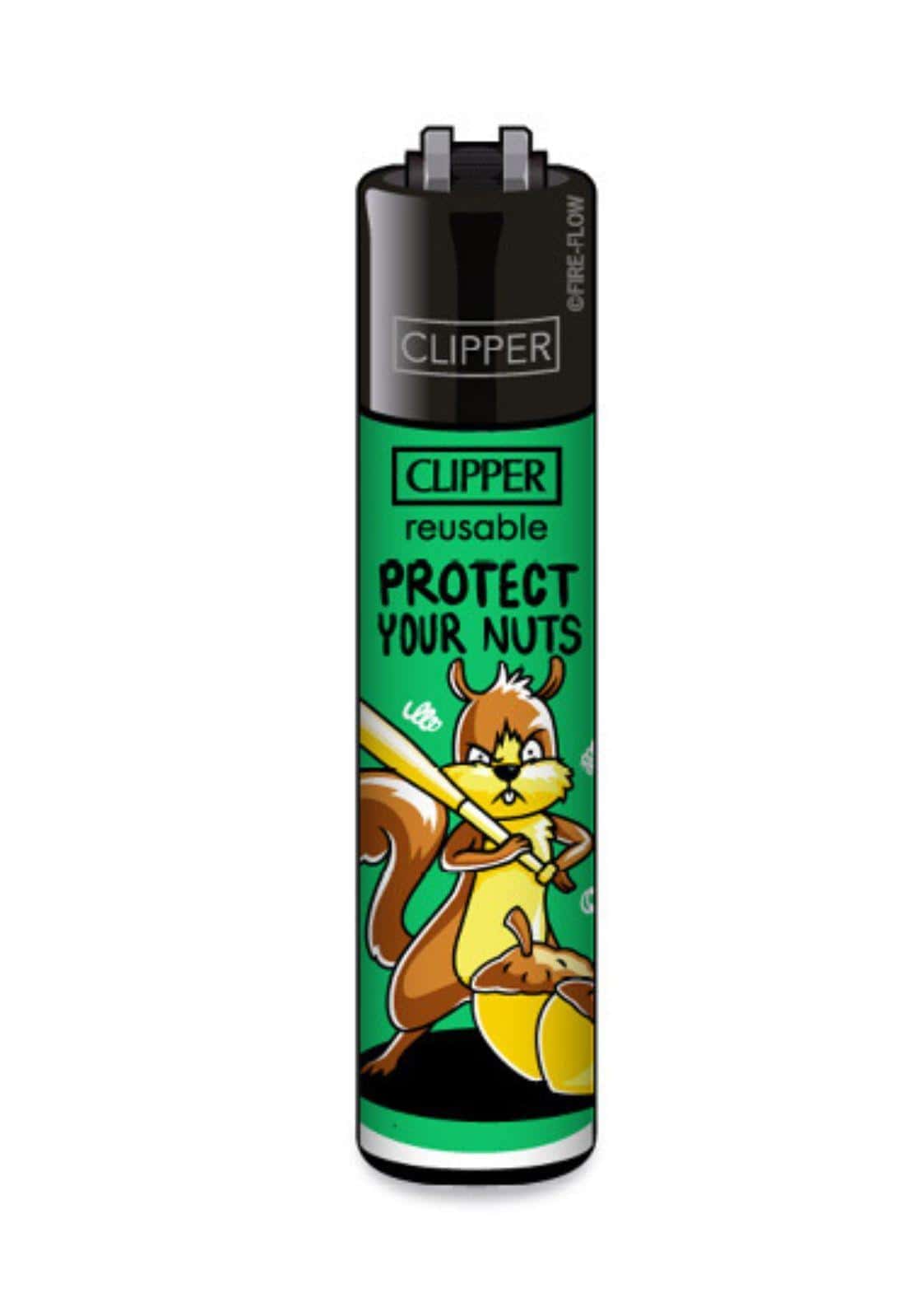 Grünes und schwarzes clipper feuerzeug set mit cartoon eichhörnchen und text protect your nuts im squirrels clipper feuerzeug set