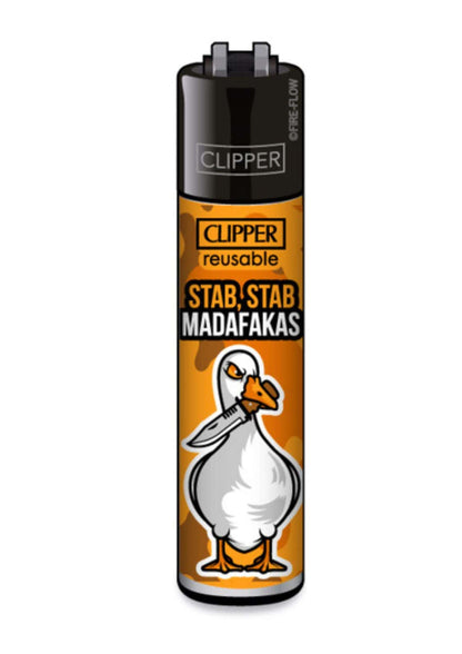 Orange und schwarze clipper leichter mit cartoon-gans und stab stab madafakas text perfekt für den alltagsgebrauch