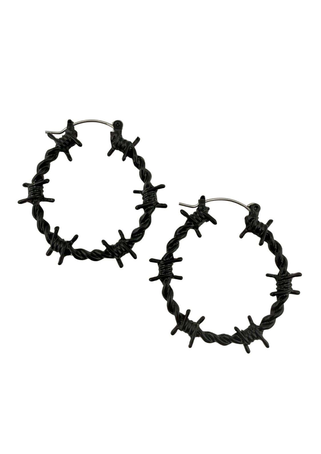 Schwarze barbed wire ohrringe mit gedrehtem metalldesign passend zu gothic kleidung und horror styles