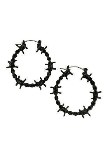Schwarze barbed wire ohrringe mit gedrehtem metalldesign passend zu gothic kleidung und horror styles