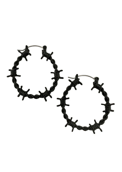 Schwarze barbed wire ohrringe mit gedrehtem metalldesign passend zu gothic kleidung und horror styles