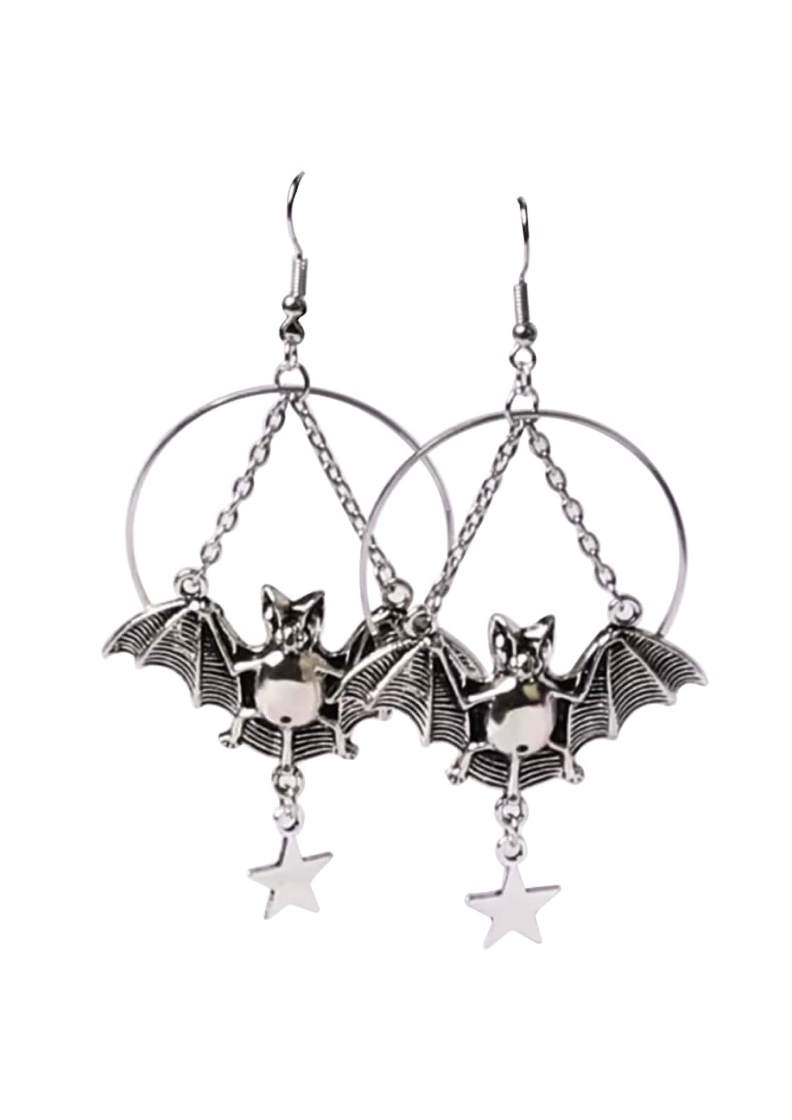 Silberne star bat ohrringe mit hängenden sternen und kreisförmigen schlaufen im gothic horror stil