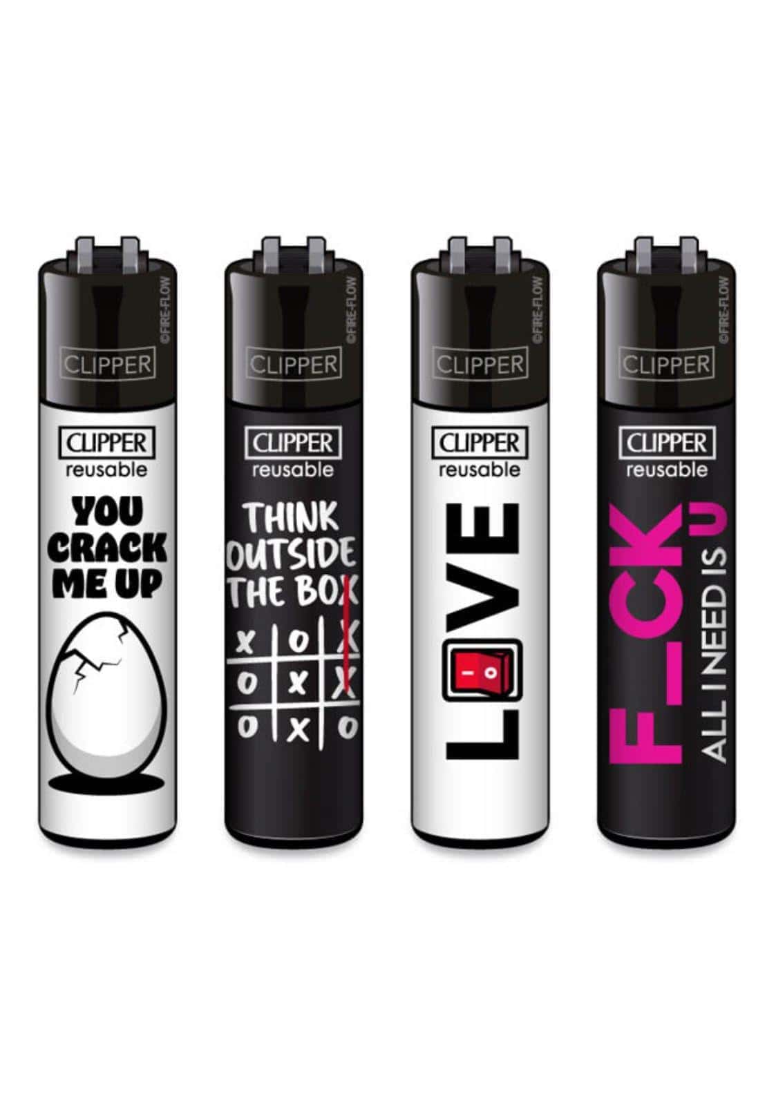 Vier schwarze und weiße clipper feuerzeuge mit humorvollen designs im gothic horror stil ideal für gothic kleidung fans