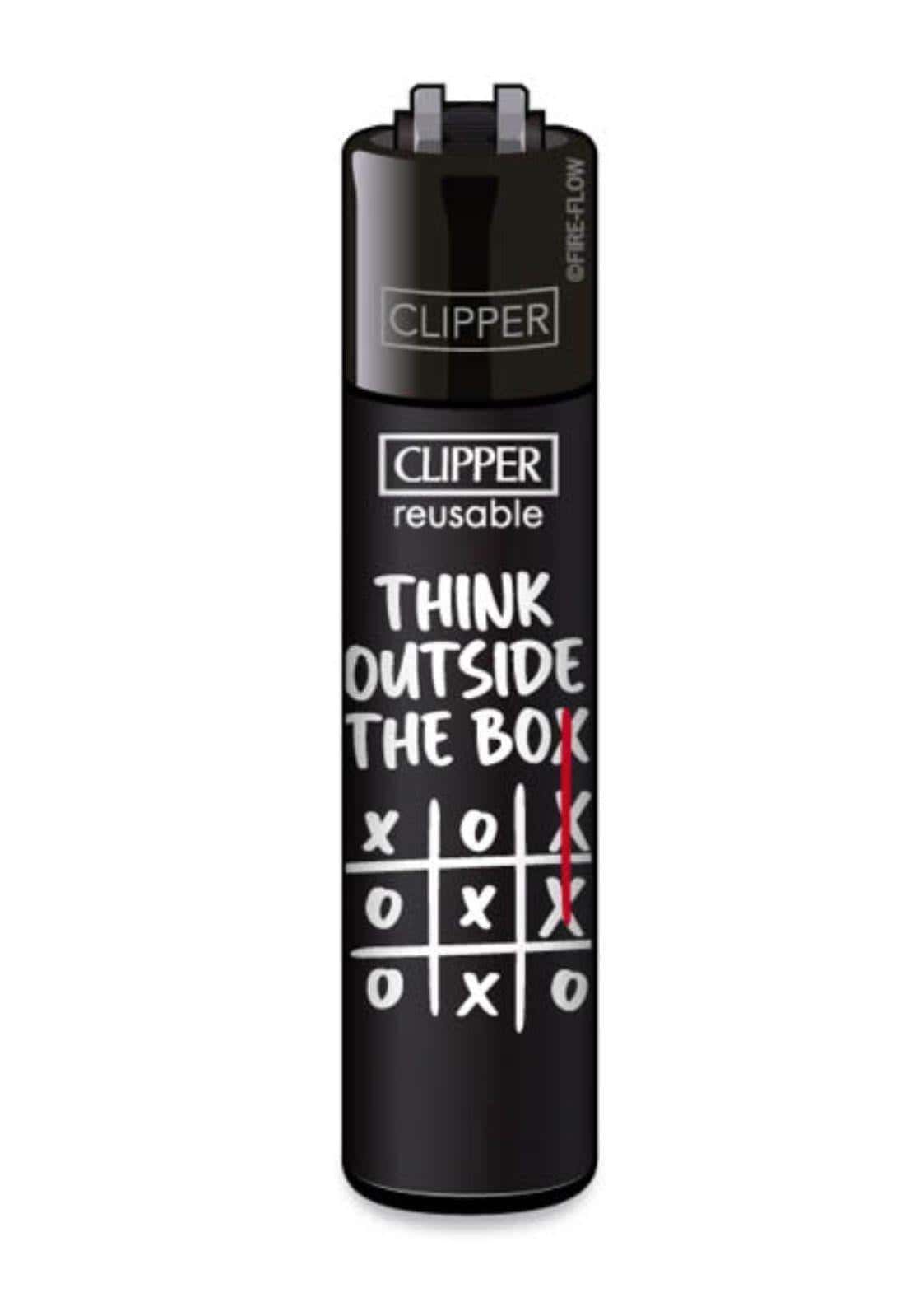 Schwarzes clipper feuerzeug mit weißem think outside the box text und tic-tac-toe design für gothic dark fashion fans