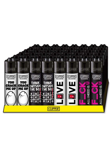 Schwarze clipper feuerzeuge mit bunten, humorvollen designs im statments 12 set passend für gothic und dark fashion fans