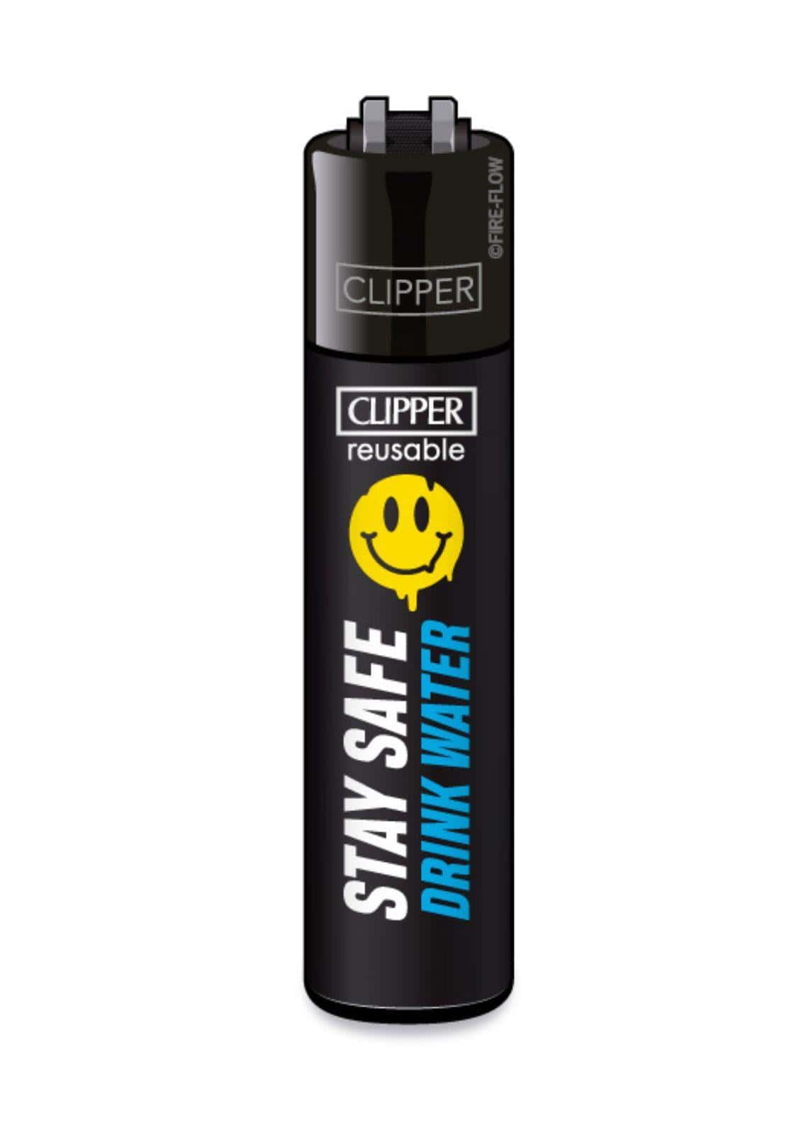 Schwarzes refillbares clipper feuerzeug mit gelbem smiley und blauem stay safe drink water text