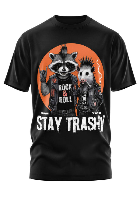 Schwarzes T-Shirt mit Waschbär- und Opossum-Grafik.