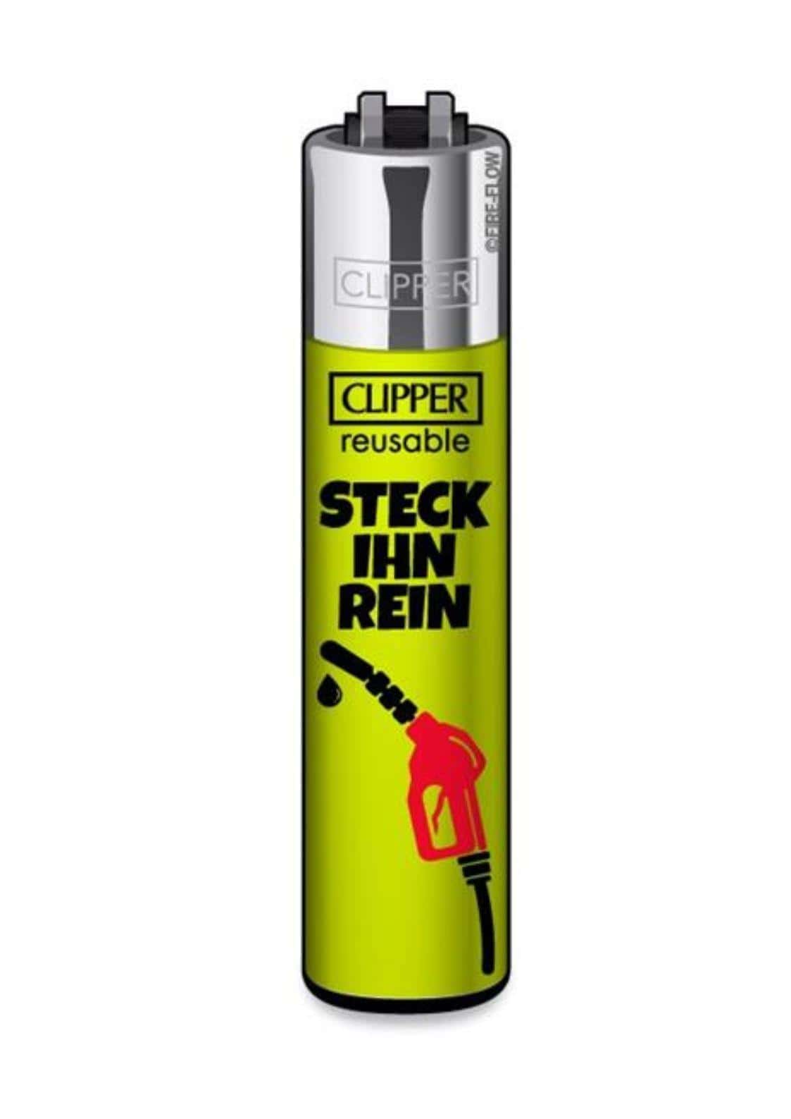 Vibrantes limegrünes nachfüllbares clipper feuerzeug mit rotem kraftstoffdüsenmotiv und schwarzer text für gothic horror dark fashion
