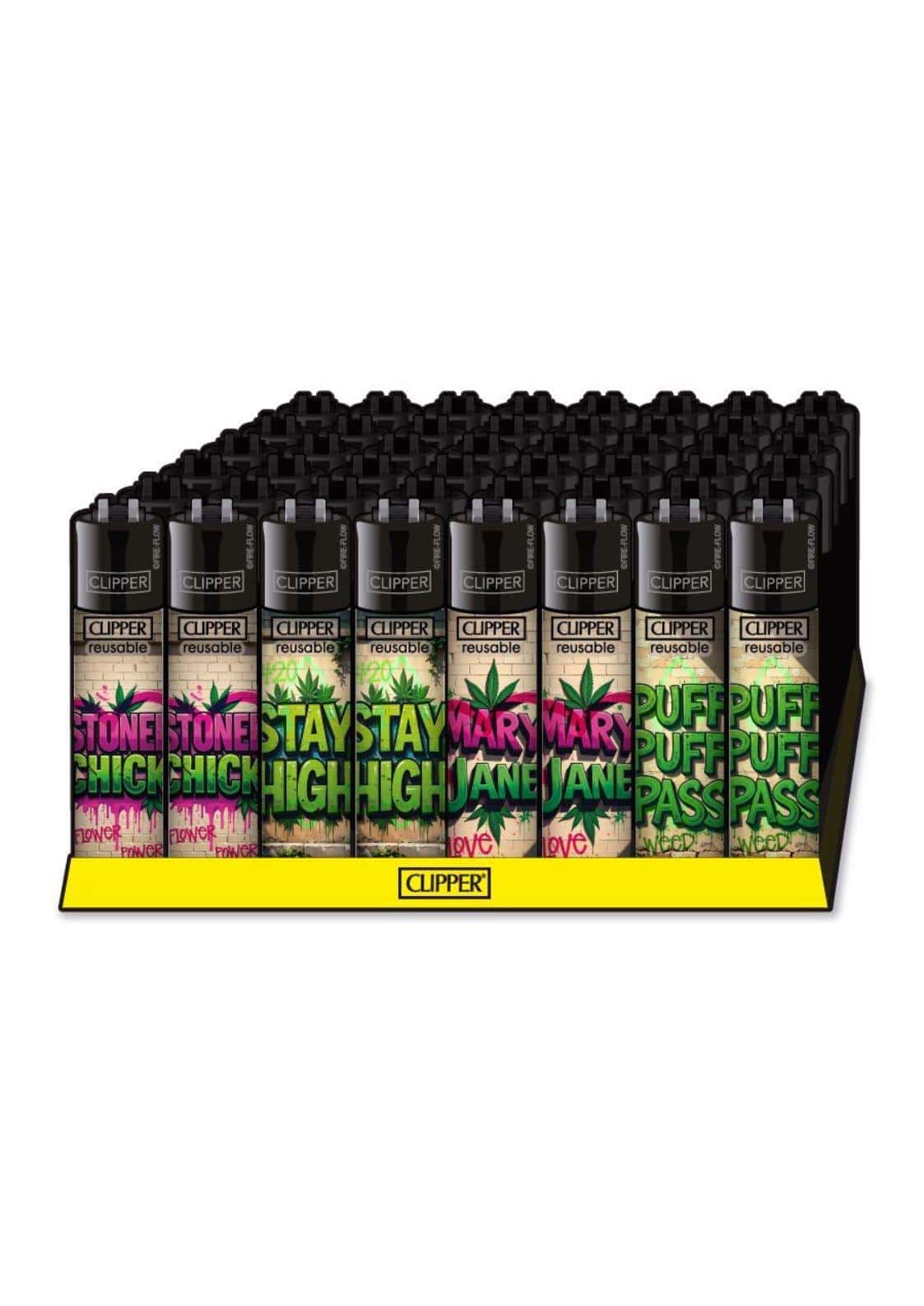 Clipper Feuerzeuge mit unterschiedlichen Graffiti Designs im Display