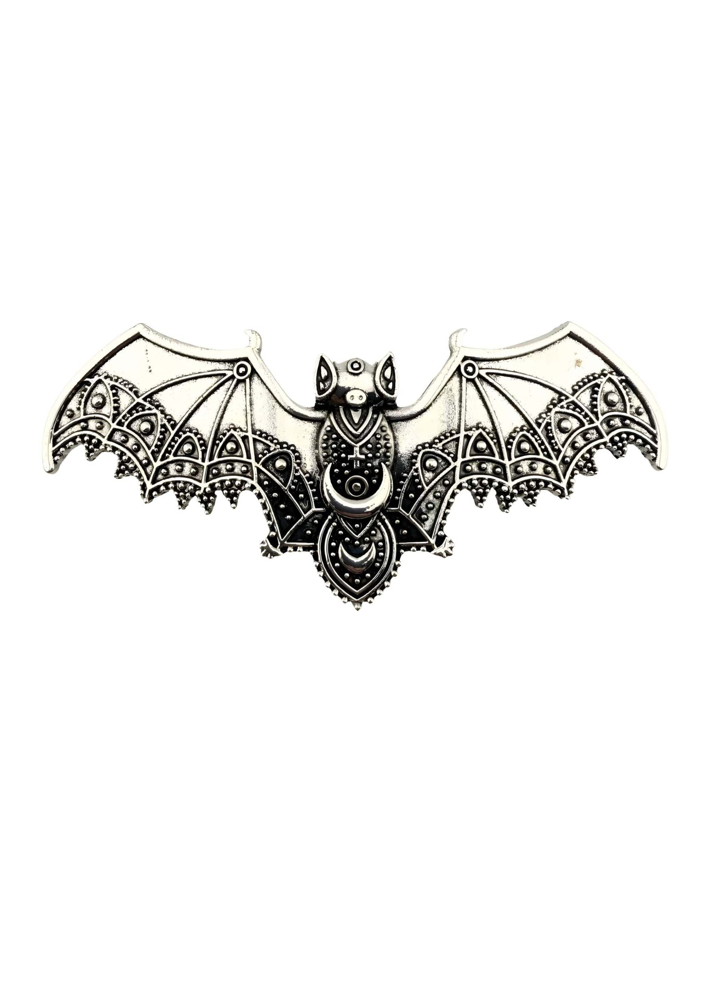 Silberne bat-förmige haarklammer strange bat mit gothischem horror-design und verzierter mondsichel