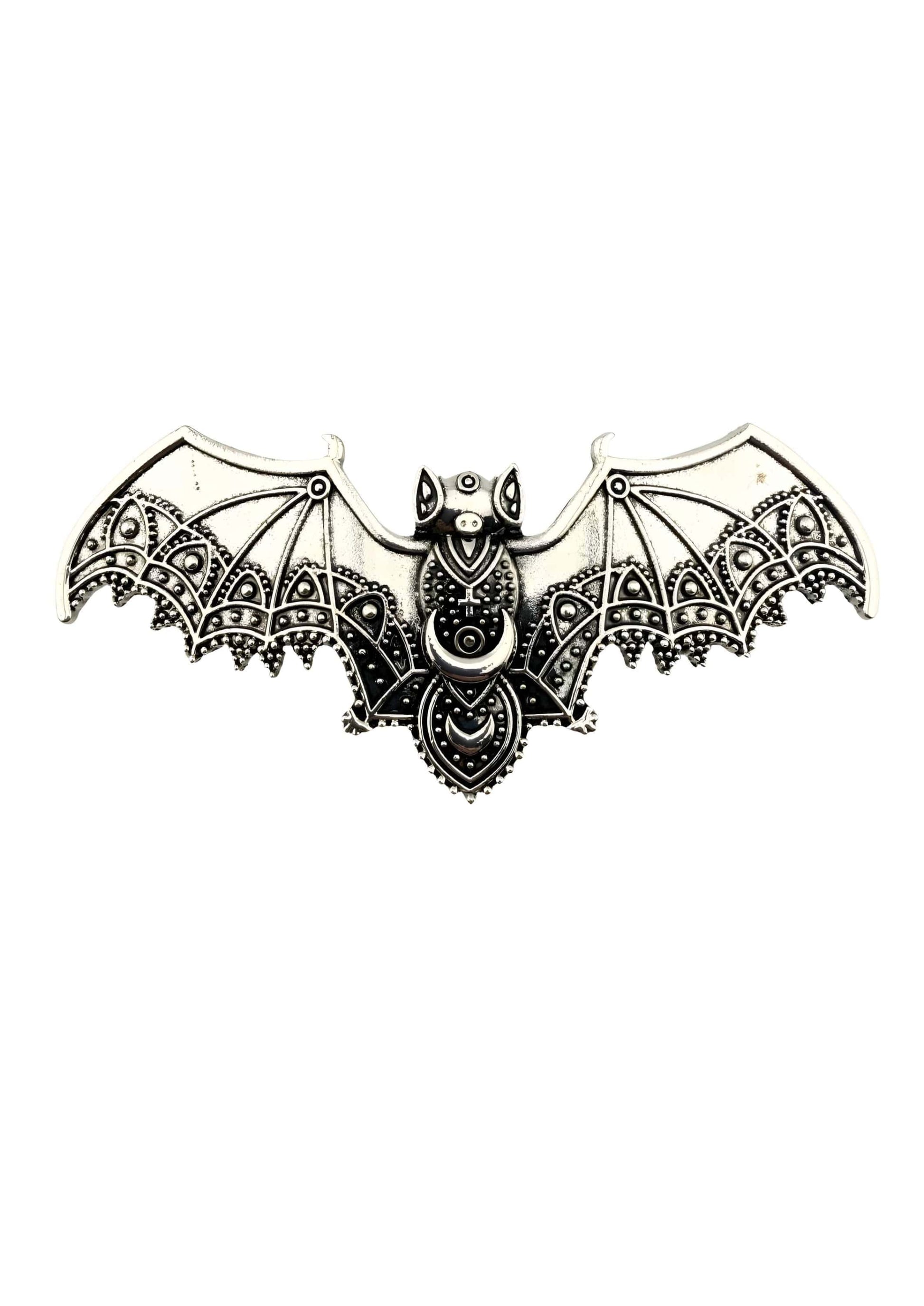 Silberne bat-förmige haarklammer strange bat mit gothischem horror-design und verzierter mondsichel
