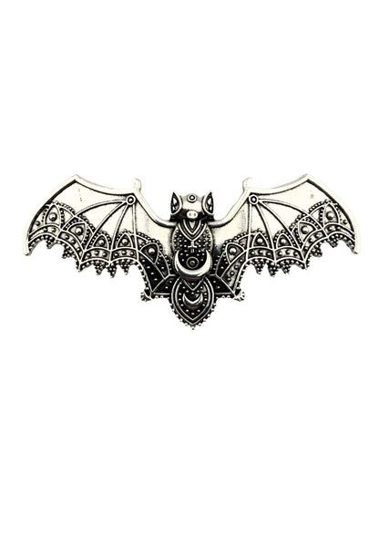 Silberne bat-förmige haarklammer strange bat mit gothischem horror-design und verzierter mondsichel