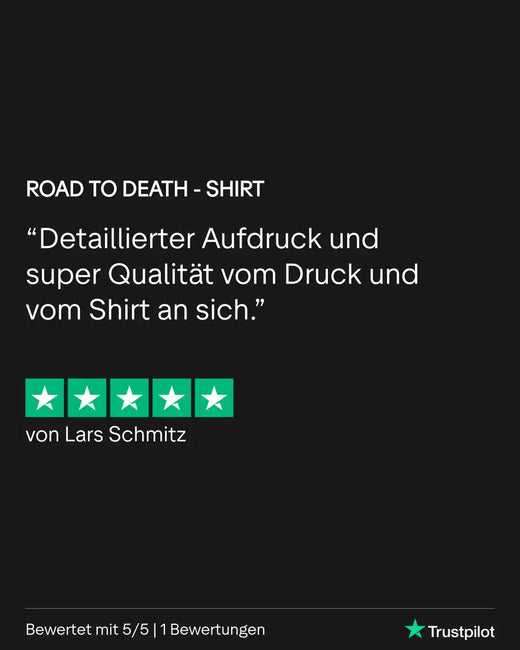 Straße zum Tod Shirt mit detailliertem Druck und hochwertigem Stoff, schwarzer Hintergrund.