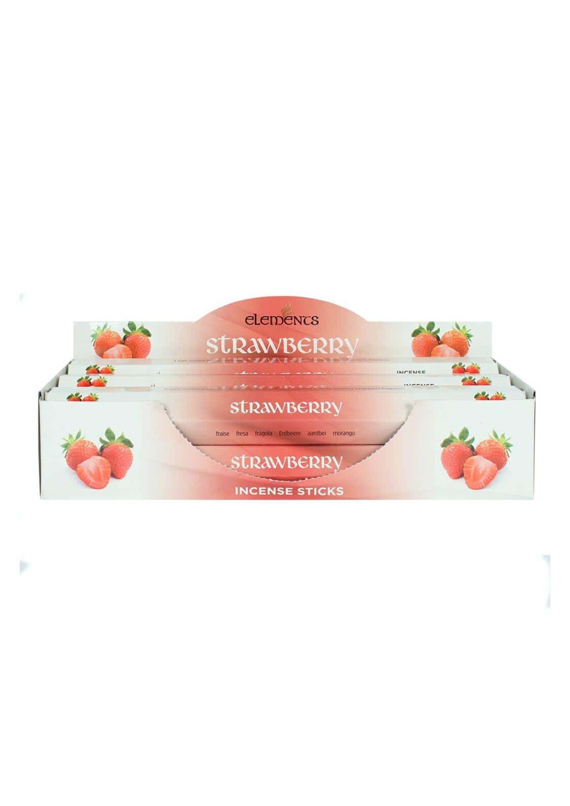 Weiße und pinke kartonverpackung der elements strawberry räucherstäbchen mit erdbeerillustrationen für gothic kleidung fans