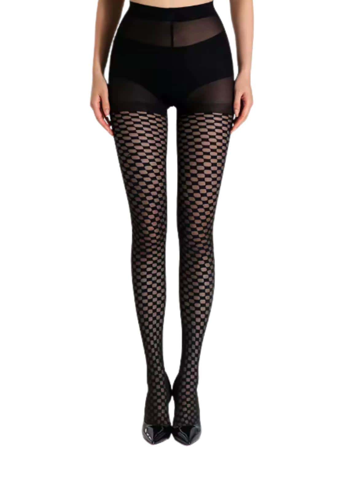 Hochgeschnittene schwarze netzstrumpfhose mit floralem hexagonalen muster und düsteren akzenten