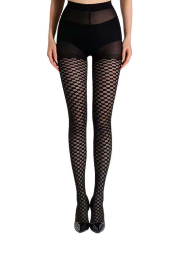 Hochgeschnittene schwarze netzstrumpfhose mit floralem hexagonalen muster und düsteren akzenten