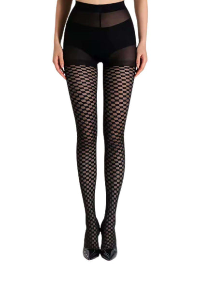 Hochgeschnittene schwarze netzstrumpfhose mit floralem hexagonalen muster und düsteren akzenten