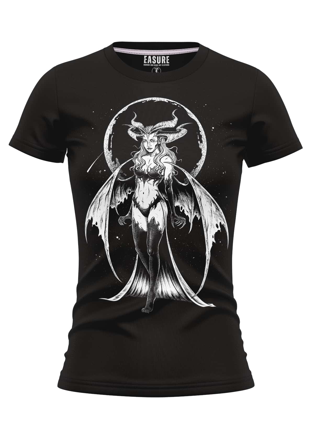 Schwarzes girlie t-shirt mit detailliertem weißem succubus-motiv vor mond und sternenhimmel aus strapazierfähigem stoff in weicher qualität