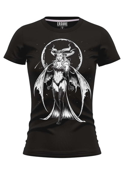 Schwarzes girlie t-shirt mit detailliertem weißem succubus-motiv vor mond und sternenhimmel aus strapazierfähigem stoff in weicher qualität
