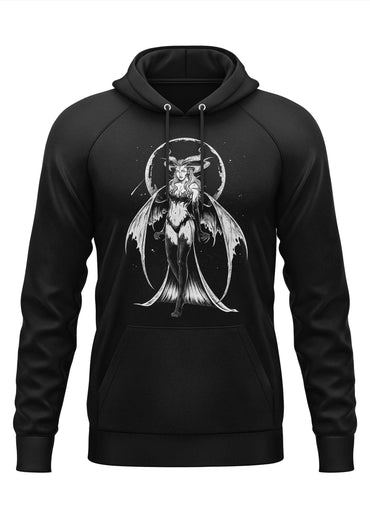 Schwarzer succubus hoodie mit detailliertem gothic horror motiv eines geflügelten hornigen jahrwes vor halo