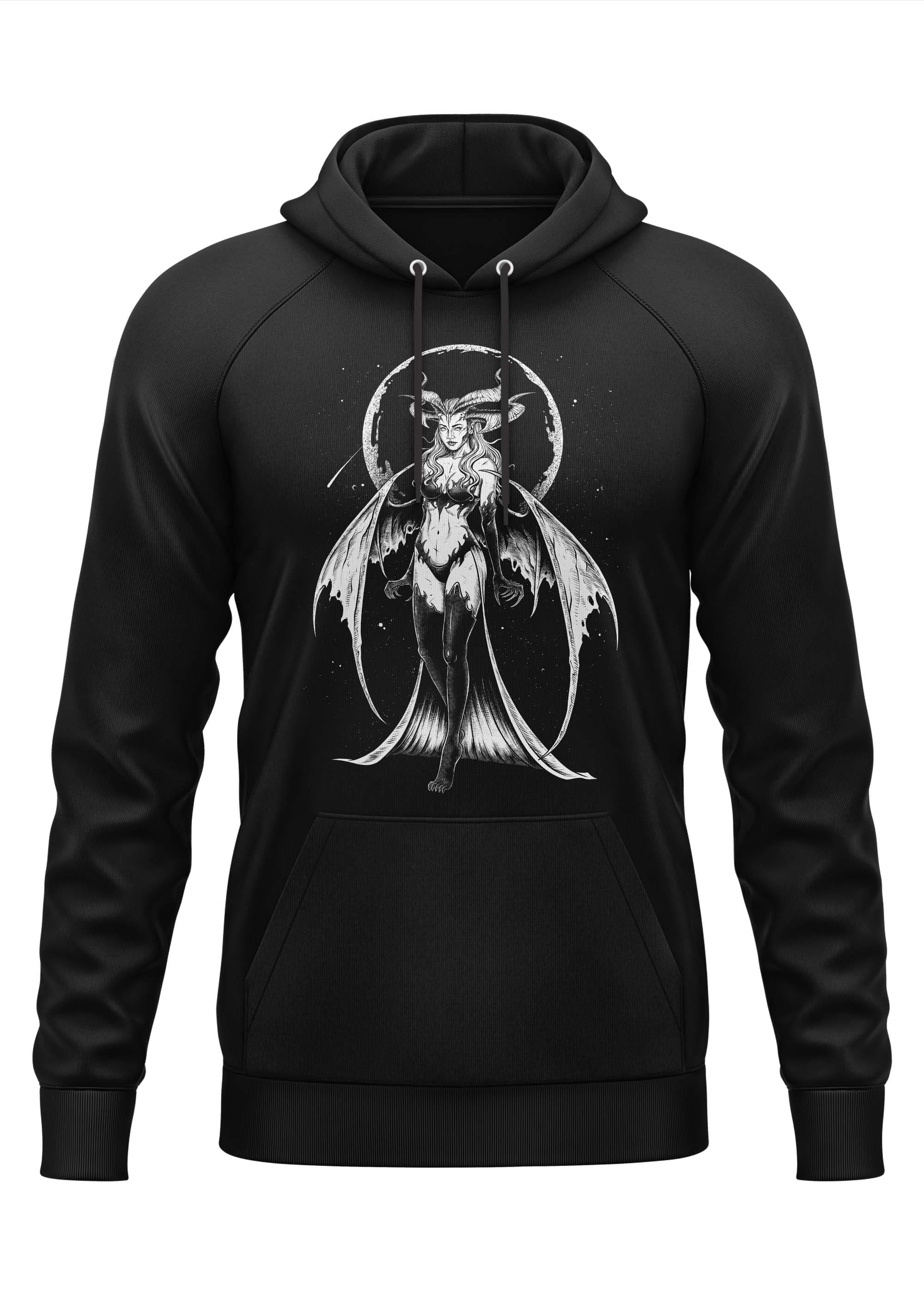 Schwarzer Gothic-Hoodie Succubus mit geflügeltem Hörner-Dämon vor Halo und Sternenhimmel