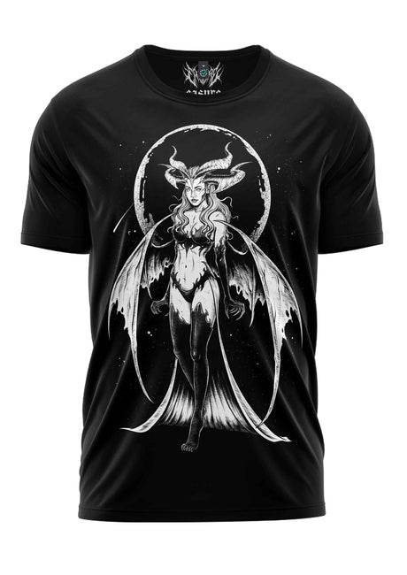 Schwarzes Gothic-Metal T-Shirt Succubus mit geflügeltem Hörnfiguren-Print