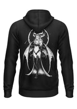 Schwarzer Kapuzenpulli mit Reißverschluss und weißer Grafik einer geflügelten Figur und einer Mondsichel, inspiriert von Fantasy oder Mythologie.