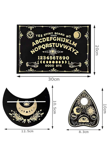 Sun and moon mond ouija spirit board mit tiefschwarzem design schwarz-goldfarbenen verzierten alphabet und symbole