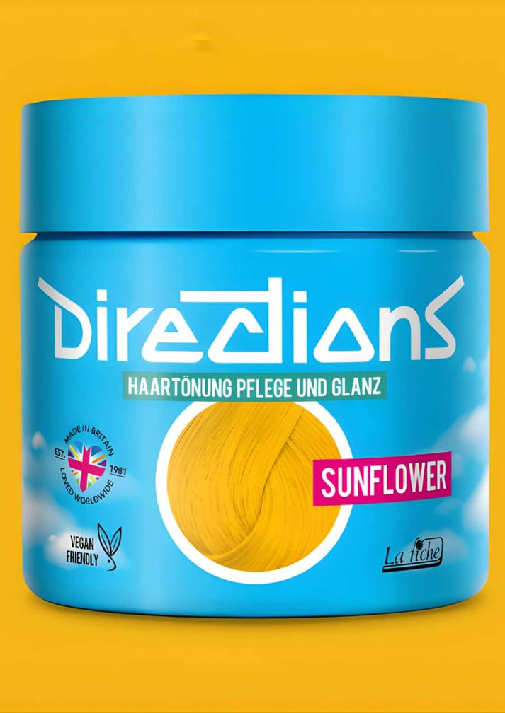 Blauer zylinderförmiger container der sonnenblumenrichtungen 100ml haartönung mit intensiv leuchtender gelber haarfarbe und weißem logo