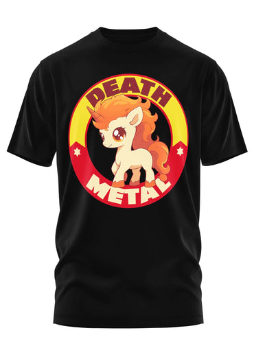 Schwarzes kurzarmshirt sweet death metal mit cartoonpony im orangefarbenen mane im strapazierfähigen stoff und weicher qualität