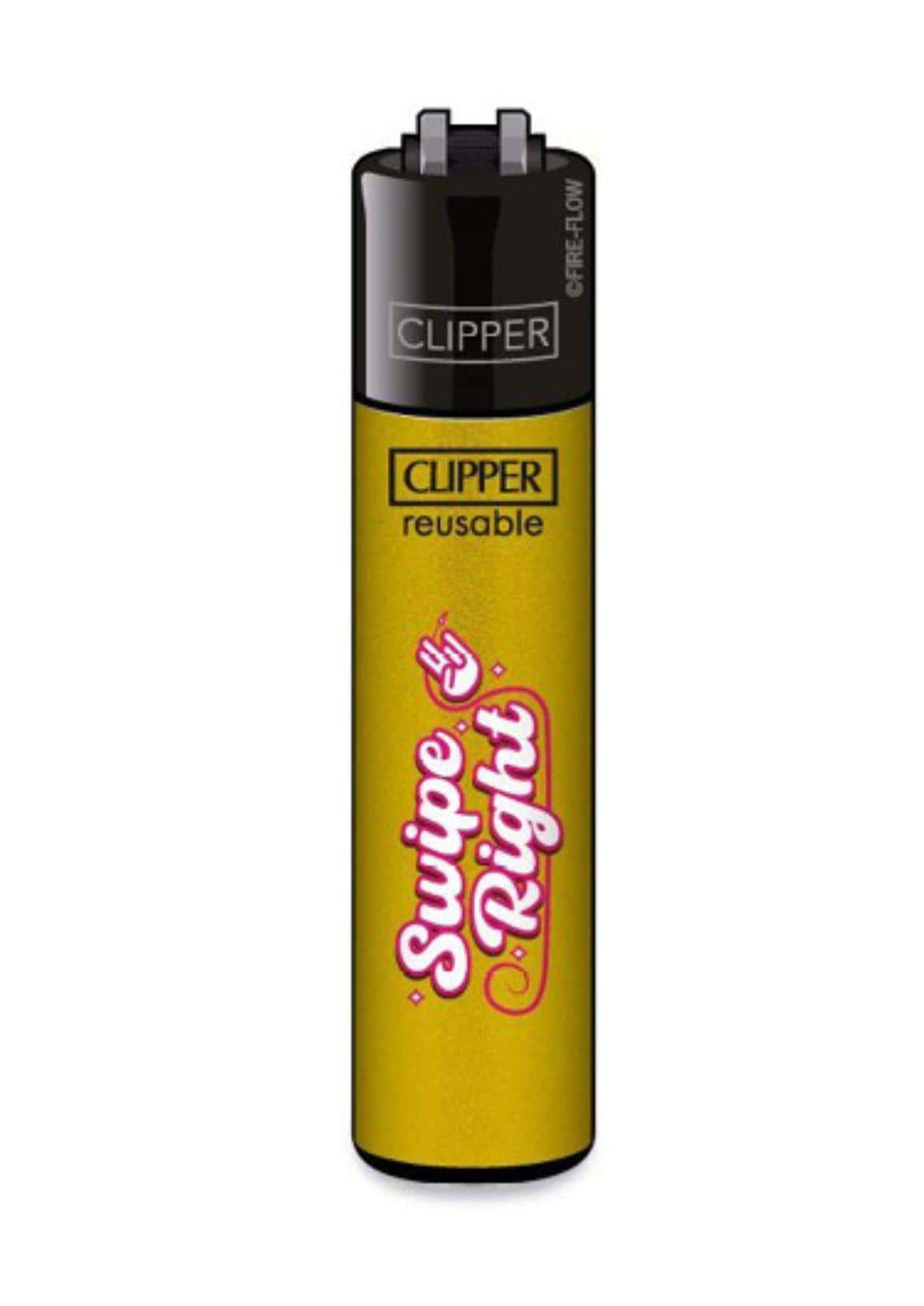 Ein leuchtend gelbes clipper feuerzeug mit nachfüllbarer funktion und spielerischem swipe right design in pink und weiß für gothic und dark fashion fans