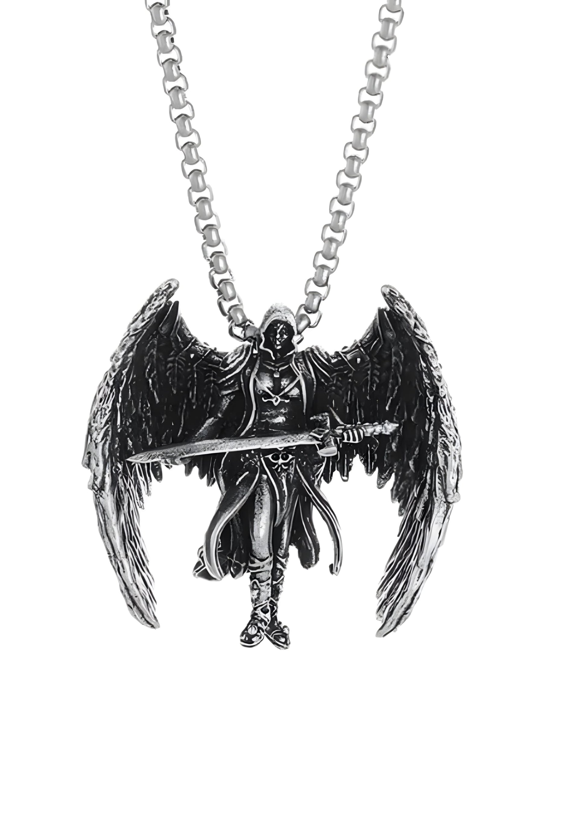Silbernes Engelanhänger-Halskette mit Flügel- und Schwertdesign, wahrscheinlich aus Metall gefertigt.