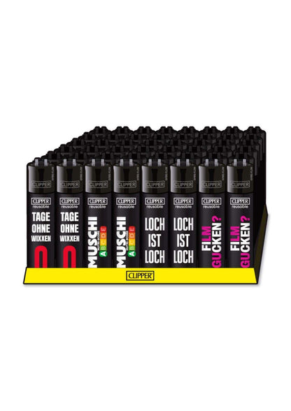 Schwarze refillbare clipper feuerzeuge mit deutschen frases im displaytray eier am strand thema