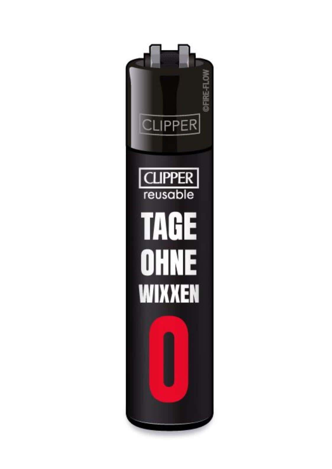 Schwarzes refillbare clipper feuerzeug mit weißem und rotem text tage ohne wixxen 0 ideal für eier am strand