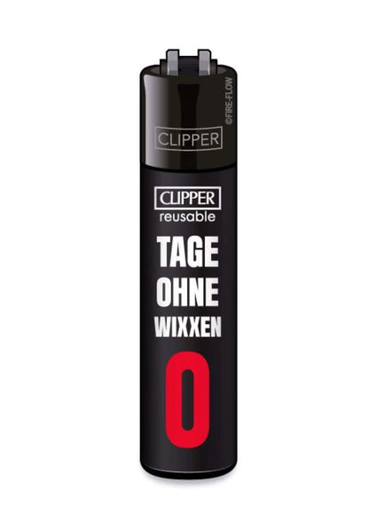 Schwarzes refillbare clipper feuerzeug mit weißem und rotem text tage ohne wixxen 0 ideal für eier am strand