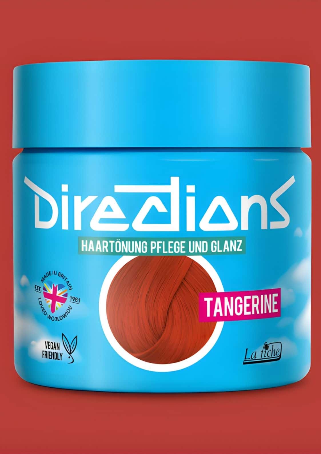 Bright blue zylinderförmiger tangerine directions jar mit veganer semi-permanente haarfarbe für maximale farbintensität und kompromisslosen ausdruck