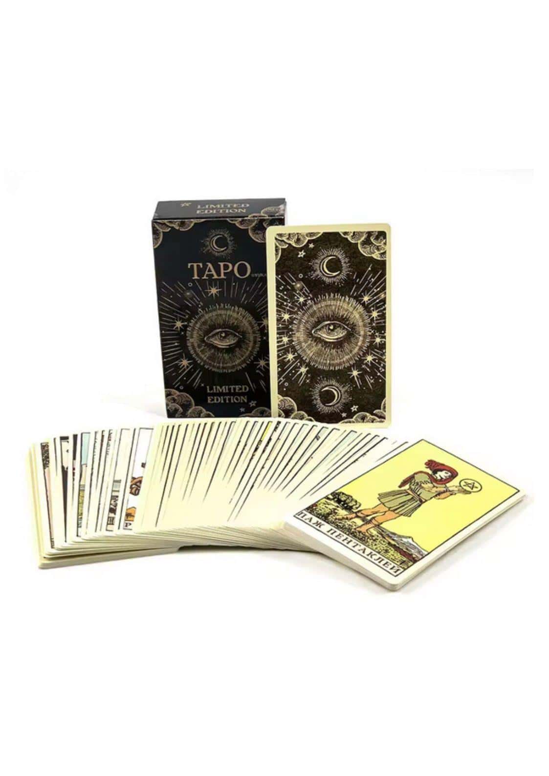 Tapo tarot limited edition tarot karten mit schwarzem und goldenem design und grüner figur mit stab aus lizenzierter bekleidung ltd