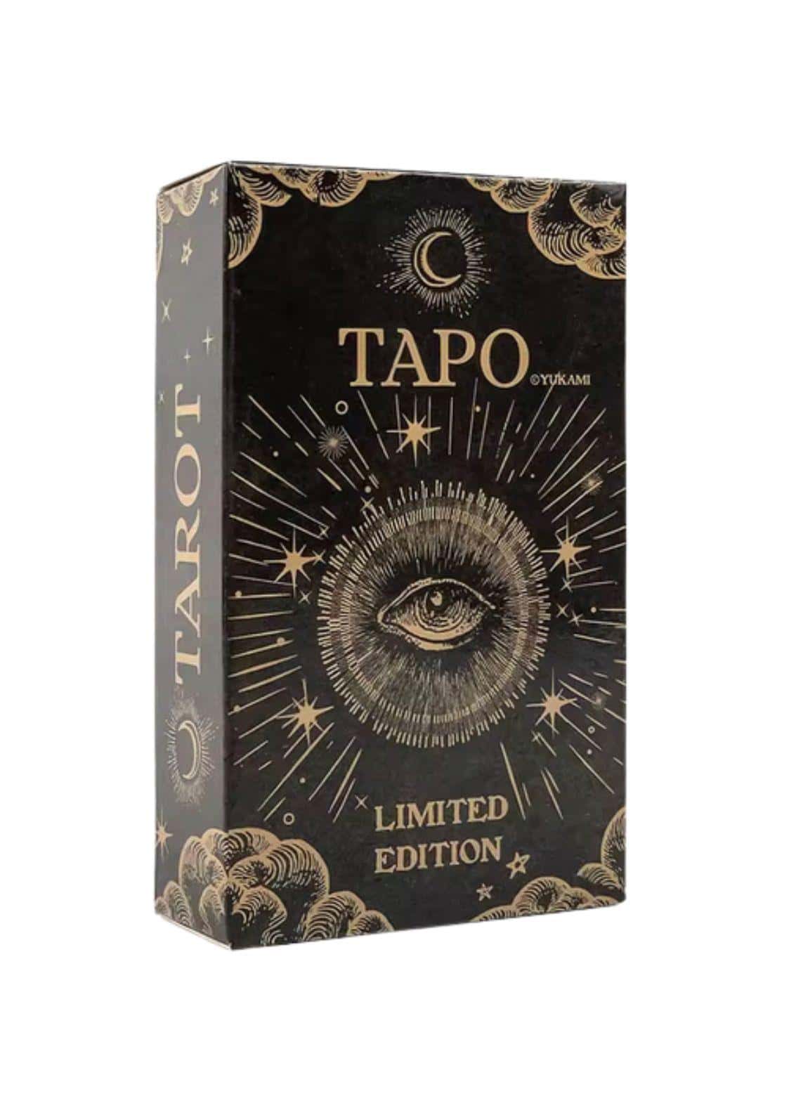 Schwarze und goldene tarot karten box mit irisierendem auge und sternen für tapo tarot limited edition lizenzierte bekleidung ltd
