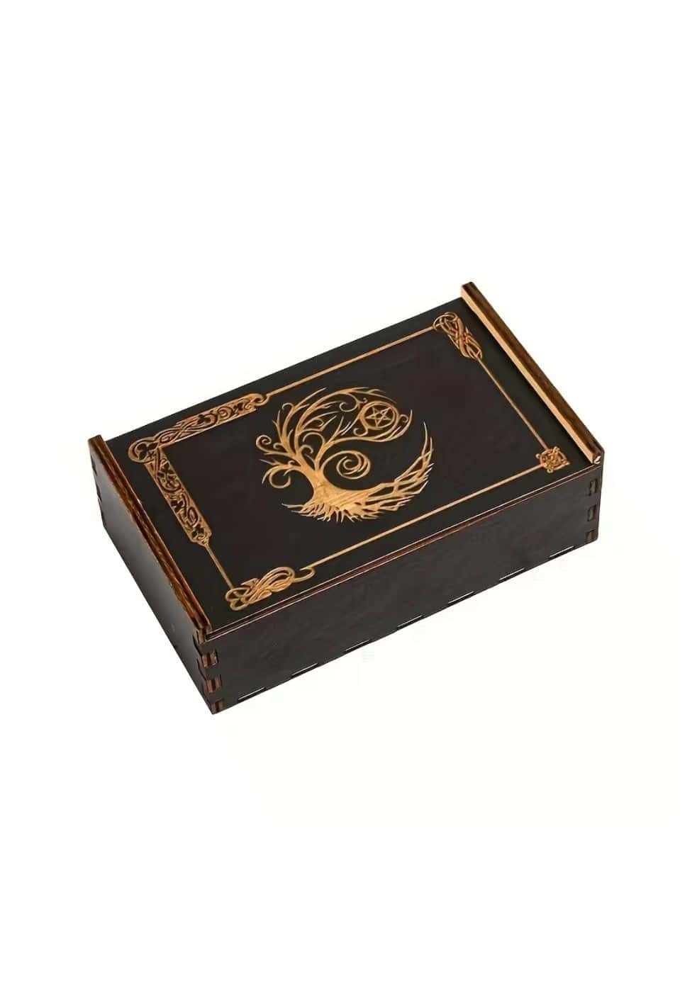 Tarotkarten box aus dunklem holz mit kunstvollen goldenen blattverzierungen und baum des lebens design
