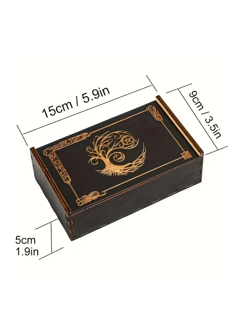 Schwarze tarotkarten box aus holz mit goldgeprägtem lebensbaum und ornamentalen rahmen für lizenzierte bekleidung ltd