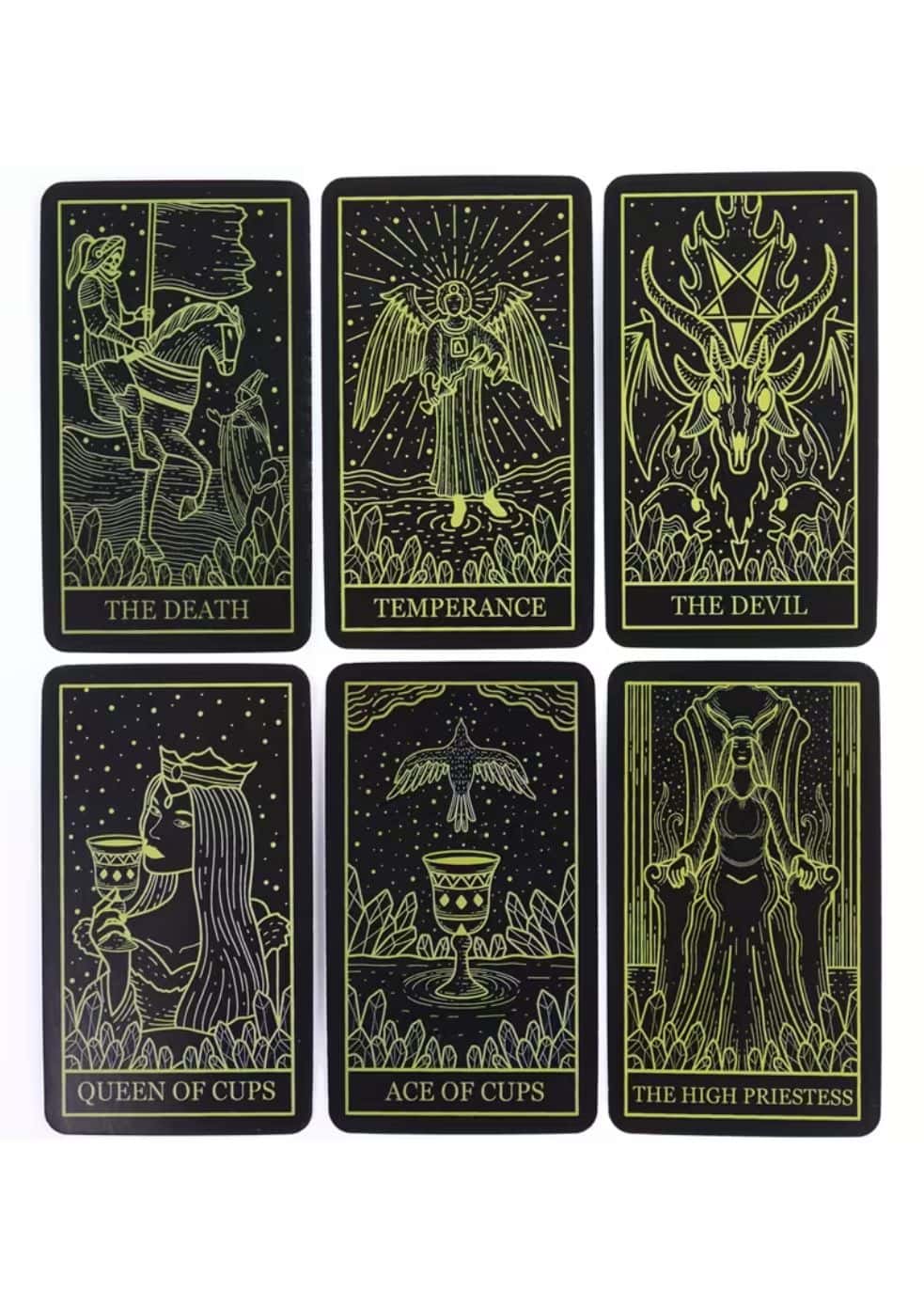 Set aus sechs schwarzen tarot karten mit goldener linienkunst für tarot karten eigthy eigth von lizenzierte bekleidung ltd