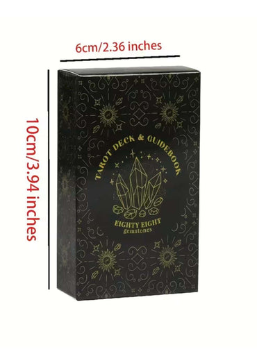 Schwarze rechteckige tarot karten box mit goldfolie und kristallillustration für tarot deck und guidebook eighty eight gemstones