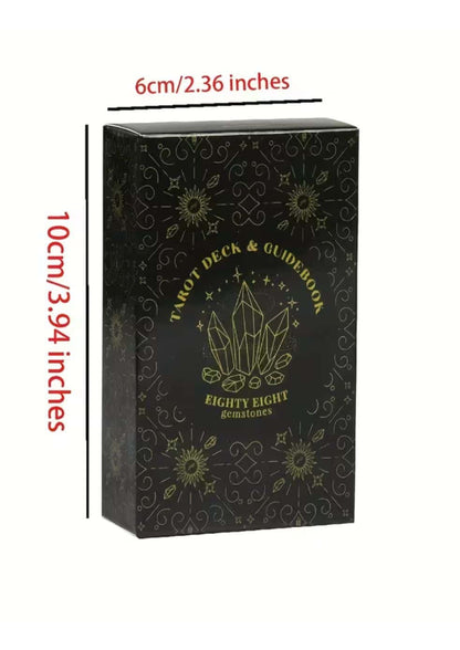 Schwarze rechteckige tarot karten box mit goldfolie und kristallillustration für tarot deck und guidebook eighty eight gemstones