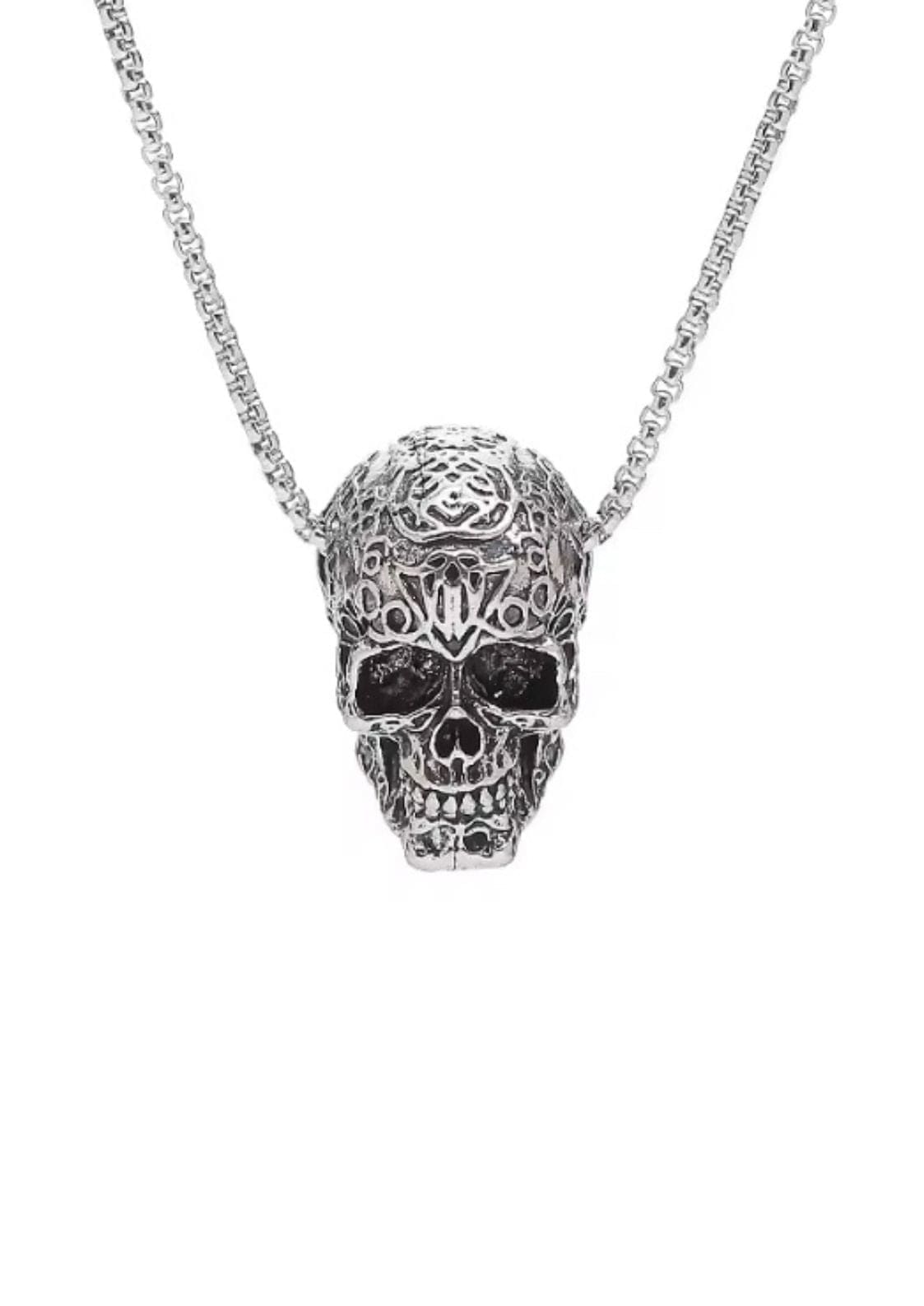 Silberner Totenkopfanstecker-Halskette mit aufwendigem Design und Rosenmotiv